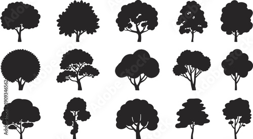 Collection of diverse black tree silhouettes, unique canopy and trunk designs for graphic design, landscaping, and educational references
