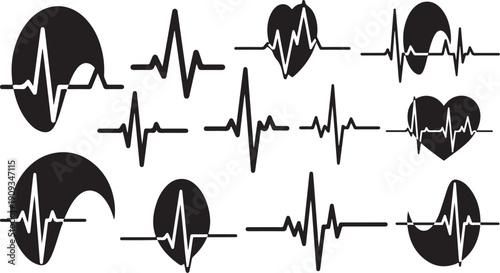 Heart rate monitor and heartbeat line icons in black