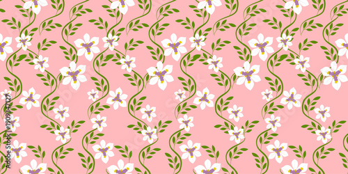 Vintage pink floral seamless pattern vector illustration with geometric leaf ornaments and wavy line textures for textile wallpaper decor