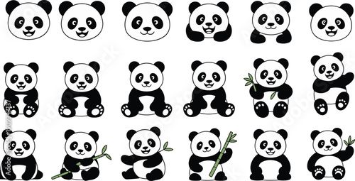 Cute cartoon panda illustrations collection, playful animal characters with bamboo, expressive emotions, adorable wildlife design for children’s materials
