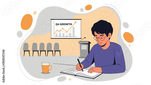 Detailed vector illustration A focused man diligently taking notes during a business presentation highlighting Q4 growth and strategic planning