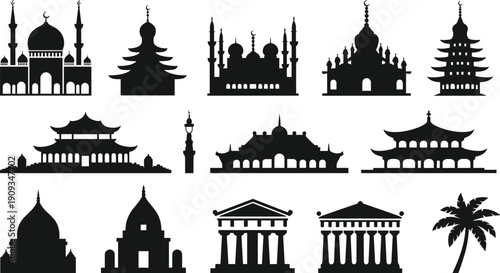 Global architectural silhouettes, diverse cultural heritage landmarks, temples, mosques, pagodas, palm tree, traditional design illustration collection