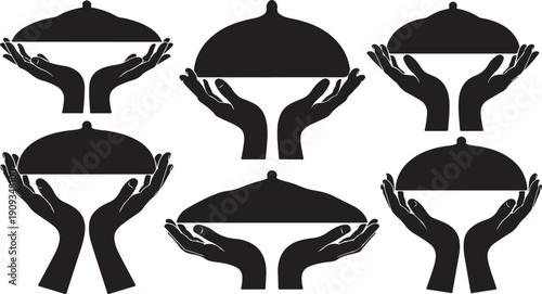 Hands holding serving dishes with lids in black silhouette