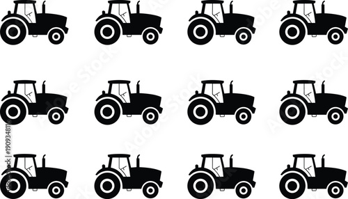 "Seamless grid of black tractor icons, farming machinery silhouettes pattern design, agricultural equipment illustration for stock photography"