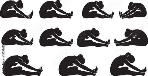 Silhouettes of people in various yoga poses and stretches