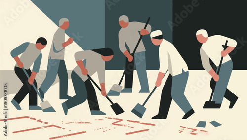 Illustration Of A Group Of People Sweeping Vector Design Template