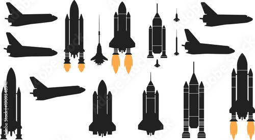 Silhouettes of rockets and space shuttles, spacecraft launch vehicles with flames, aerospace engineering illustration, futuristic exploration design
