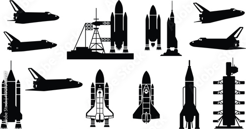 Silhouettes of spacecraft, rockets, and space shuttles, launch pads, boosters, and towers showcasing diverse space exploration designs