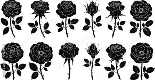 Stylized black and blue rose illustrations, floral vector art collection, decorative botanical design elements, blooming roses and buds
