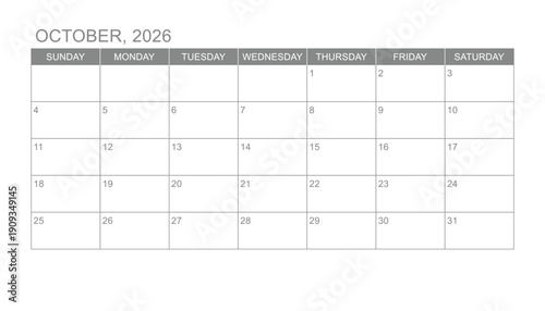 Classic monthly calendar for 2026 on white background with gray color. week starts on sunday. simple october 2026 calendar template. new monthly planner design