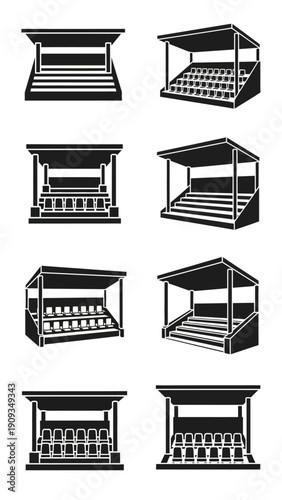 Set of stadium grandstand icons, modern sports seating, architectural elements