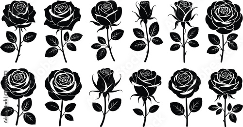 Stylized rose illustrations collection, black and white floral designs, artistic botanical patterns, tattoo inspiration, decorative flower artwork