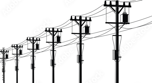 Stylized vector illustration of utility poles with transformers and power lines, electrical distribution system infrastructure perspective design