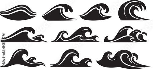 Collection of various wave icons in black and white