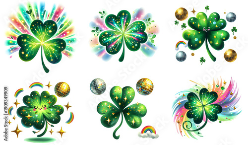 Disco Shamrock St. Patrick's Day Clipart Bundle. Glitter Mirror Ball Clover