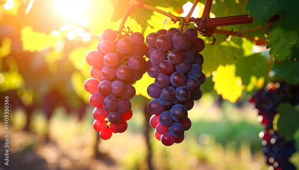 Fototapeta premium Ripe Red Grapes Hanging on the Vine in Golden Sunlight.