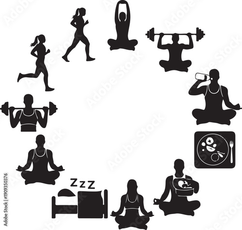 Fitness and wellness lifestyle silhouette icons for healthy living