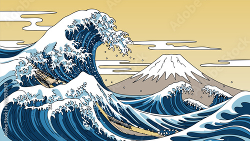 Vector illustration of a majestic wave crashing against a serene mountain landscape with snow-capped peaks and ripples in the ocean, depicted in a stylized manner as seen in 72.eps