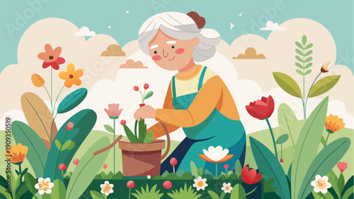 Senior woman gardening with flowers in spring garden holding watering can flat style illustration