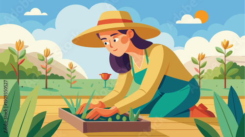 Young woman planting seedlings in garden bed wearing hat and gloves sunny countryside illustration