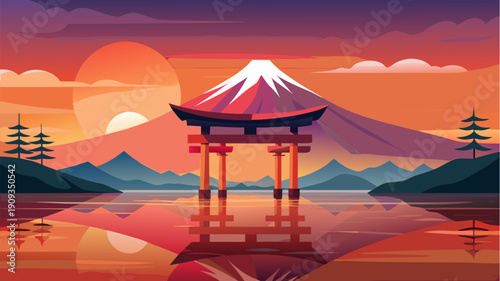 Japanese torii gate with mount fuji at sunset reflected in lake serene asian landscape illustration