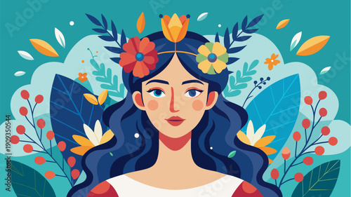 Beautiful woman portrait with floral wreath and leaves in decorative botanical style flat illustration