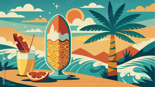 Vintage tropical beach scene with surfboard, cocktail and palm tree at sunset with ocean waves and mountains