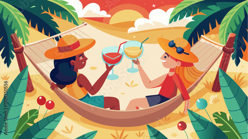 Two women relaxing in hammock on tropical beach at sunset drinking cocktails summer vacation illustration
