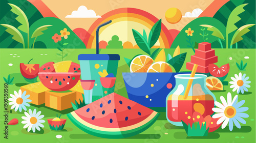 Colorful summer picnic with watermelon, citrus fruits, refreshing drinks and flowers in sunny garden landscape with rainbow
