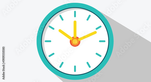 Vector Illustration of a Modern Minimalist Clock with Teal Frame and Yellow Hands