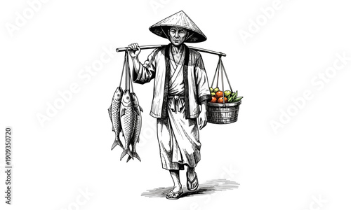 Asian man in conical hat carrying fish and produce on a shoulder pole.