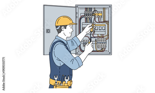 Electrician working on electrical panel wearing hard hat and overalls.