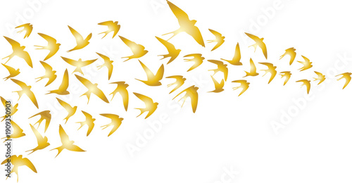 Golden swallows flying in a flock, vector illustration, abstract bird migration, isolated on white