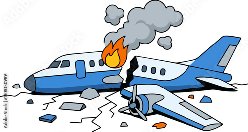 Airplane Crash Illustration with Fire and Smoke – Broken Propeller Aircraft Accident, Emergency Disaster Cartoon Vector