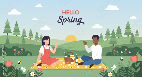 The couple is having a picnic in the park to celebrate the arrival of spring, vector design