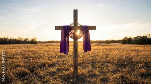 Symbol of Christian Lent and Good Friday with Cross and Purple Drape