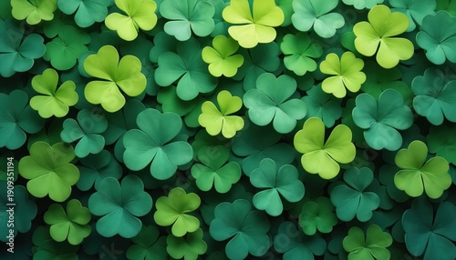A pattern of overlapping shamrocks in varying shades of green creates a rich backdrop. This design evokes feelings of luck, nature, and fresh growth.