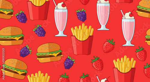 Fast food and dessert seamless vector pattern with burgers, french fries, milkshakes, strawberries, and blackberries on red background