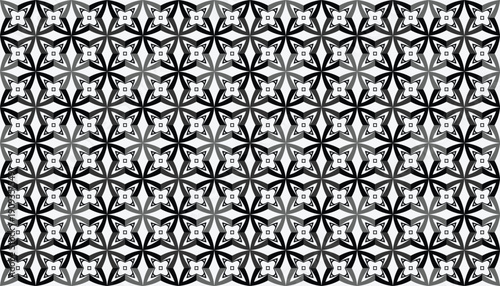 Seamless geometric pattern with a deep 3D vaulted effect featuring monochromatic star and floral motifs. Abstract vector background with a dense repeating structural lattice in grayscale