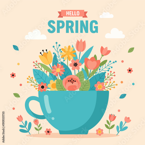 Potrait banner hello spring , vector illustration