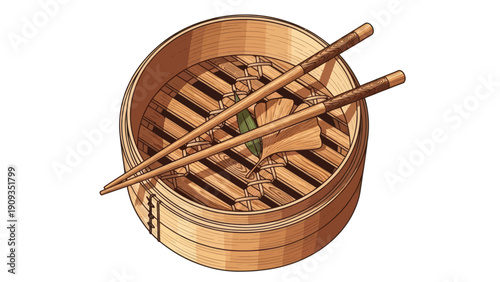 A wooden steamer with chopsticks and a leaf, likely a traditional East Asian culinary image