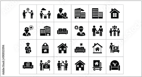 Vector Illustration Set Featuring People and Buildings in Simple Design