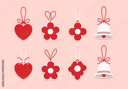 Set of red and white hanging ornaments hearts, flowers, and bells