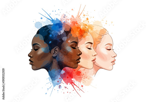 Watercolor portrait of diverse women faces