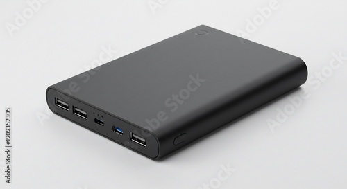 柔らかな光が洗練された黒いモバイルバッテリーの滑らかな質感を鮮やかに照らす複数のUSBポートがモダンなデザインに自然に溶け込み様々なデバイスの充電をサポートする必需品. AI Generated