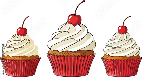 Vector illustration of three vanilla cupcakes with white frosting and red cherry topping, in red paper cups, isolated on white