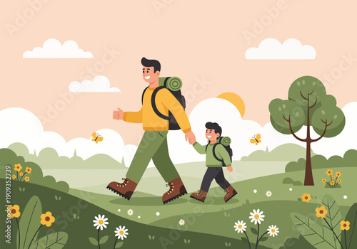 Happy children and father hiking together in spring season, vector illustration