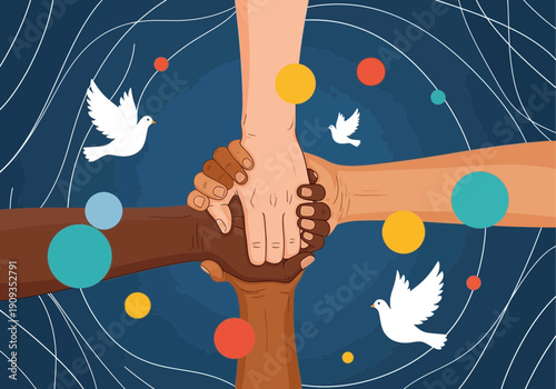 Hands joined in unity with doves and abstract background elements