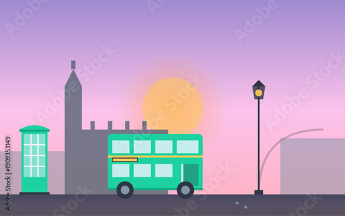 London Double Decker Bus and Phone Booth with Street Lamp at Sunset Flat Minimalist Illustration UK City Travel Scene
