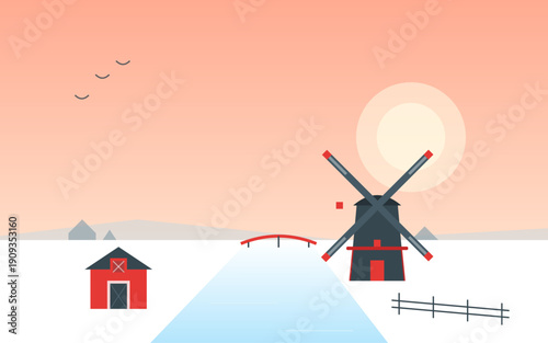 Dutch Windmill Winter Canal Scene with Peach Sunset and Fog Flat Minimalist Vector Illustration Landscape Background Variant